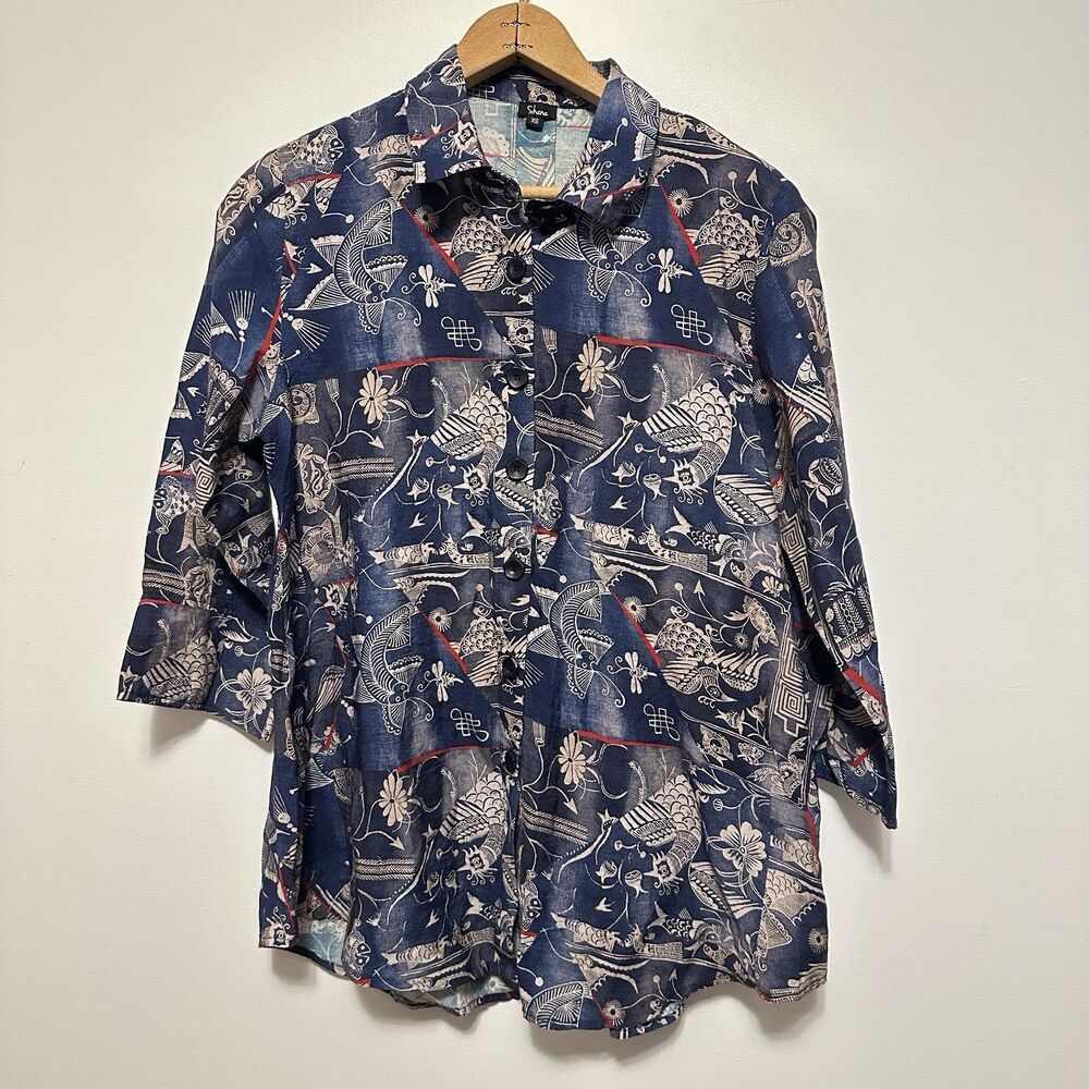 Shana Art To Wear Womens Artsy Japanese Print Collared Long Sleeve Top Sz XS